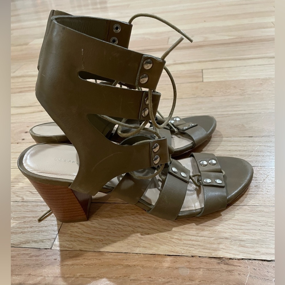 Loeffler Randall Lace Up Dark Olive Green Gladiator Block Heels Sz 6B